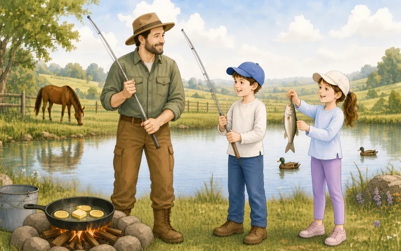 A dad and a boy fishing at a calm pond while a girl holds up a caught fish, beside a small log fire with a pan of butter and lemon