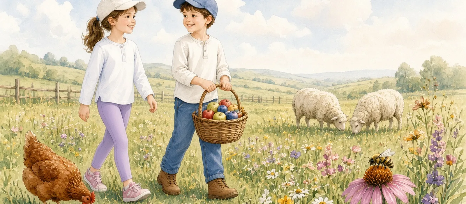 A girl and a boy in baseball caps walking through a sunny farm meadow with an apple basket, a hen, grazing sheep and wildflowers