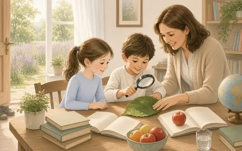 A mother and two children at a table with an open book, fruit, a glass of water, and walking shoes by the door