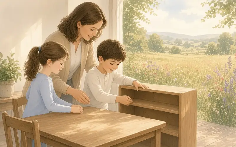A mother and two children setting up a small bookshelf and table in a sunny room that opens onto a meadow