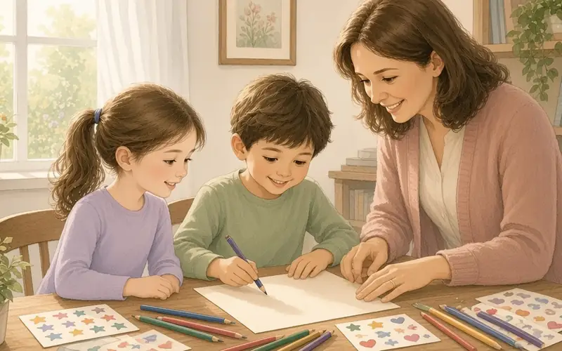 A mother and two children at a table with blank paper, colored pencils, and star and heart stickers