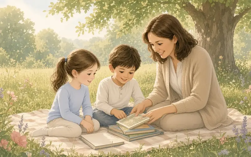 A mother and two children on a picnic blanket under a tree, looking at a stack of books