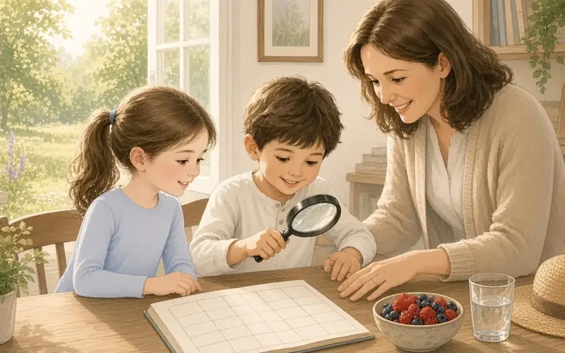 A mother and two children at a kitchen table with a blank weekly planner, berries, and a glass of water