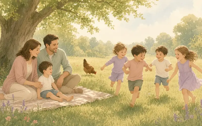 Children playing tag in a sunny meadow while parents sit under a shade tree