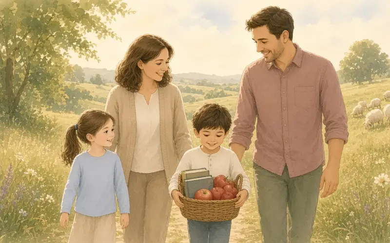 A family walking a meadow path, with a basket of books and apples and sheep in the distance