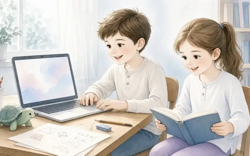 A boy working on a laptop and a girl reading at a desk with a toy turtle nearby
