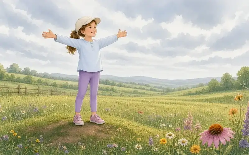 A girl standing proudly on a hill with arms wide open at sunrise
