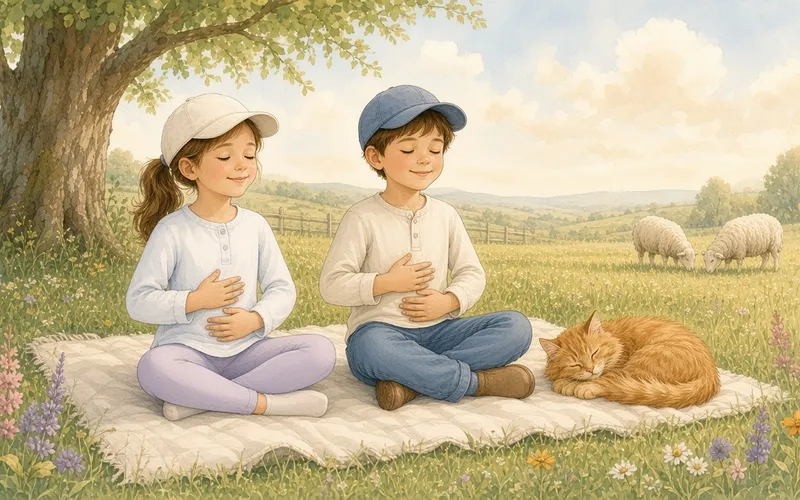 A girl and a boy sitting cross-legged on a blanket under a shade tree with calm smiles, a ginger cat napping beside them and sheep in the meadow