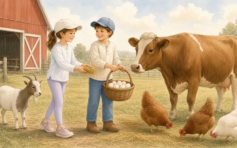 A boy handing a girl a basket of fresh eggs in a sunny farmyard with a cow, a goat and hens beside a red barn