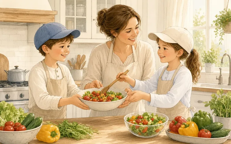 A mom and two kids in aprons tossing a big bowl of salad together at a kitchen counter full of fresh vegetables