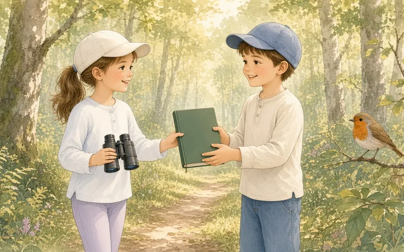 On a sunny forest trail, a girl holding binoculars and a boy offering her a green nature journal, with a robin on a branch
