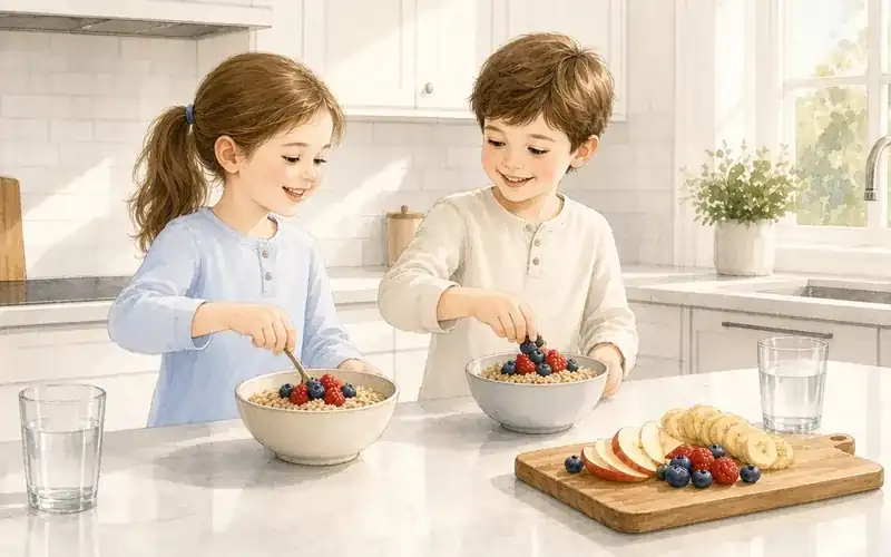 A girl and a boy in a bright kitchen topping oatmeal with fresh berries