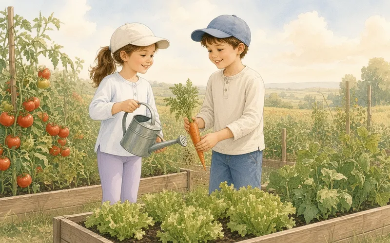 A girl watering a raised garden bed while a boy holds up a fresh carrot beside tomato plants on a sunny farm