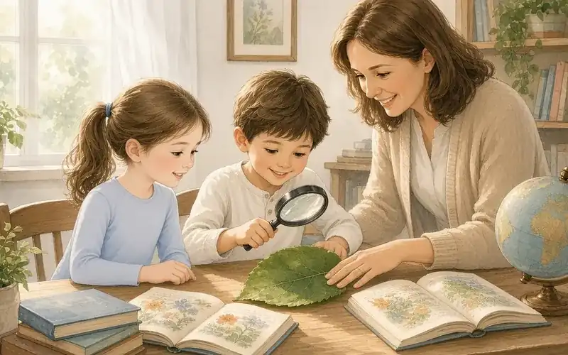 A mom and two kids studying a leaf with a magnifying glass at a sunny table with books and a globe