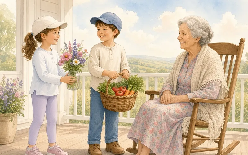 A girl handing flowers to a smiling elderly neighbor in a rocking chair on her porch while a boy carries a basket of fresh vegetables