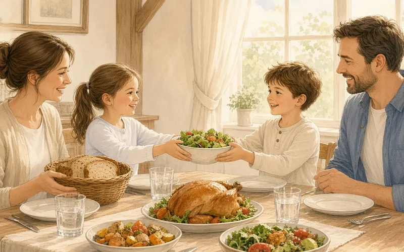 A family at a sunny dinner table, a girl and a boy passing a bowl of salad while mom holds a bread basket and dad smiles