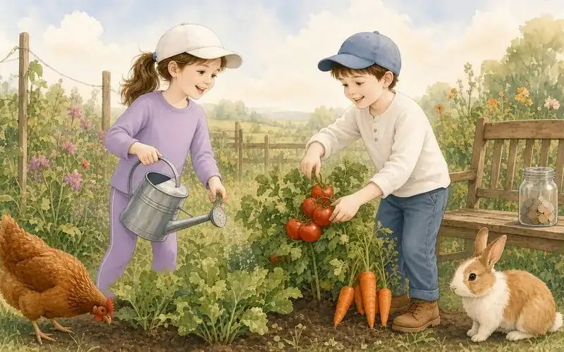 A girl watering plants and a boy picking tomatoes beside a coin jar, with a hen and a rabbit nearby