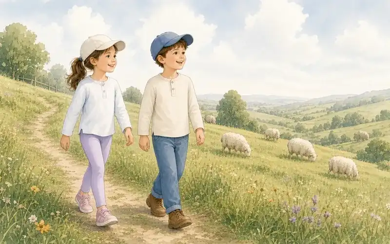 A girl and a boy in caps hiking a grassy hillside trail past grazing sheep