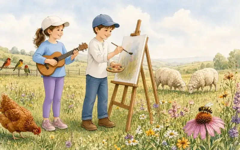 A girl playing a ukulele and a boy painting at an easel in a flower meadow