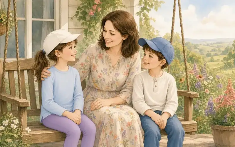 A mom talking warmly with a girl and a boy on a porch swing