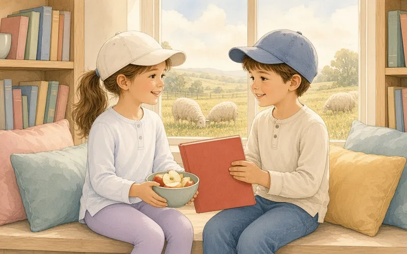 On a cushioned window seat by bookshelves, a boy offering a girl a red picture book while she holds a bowl of apple slices