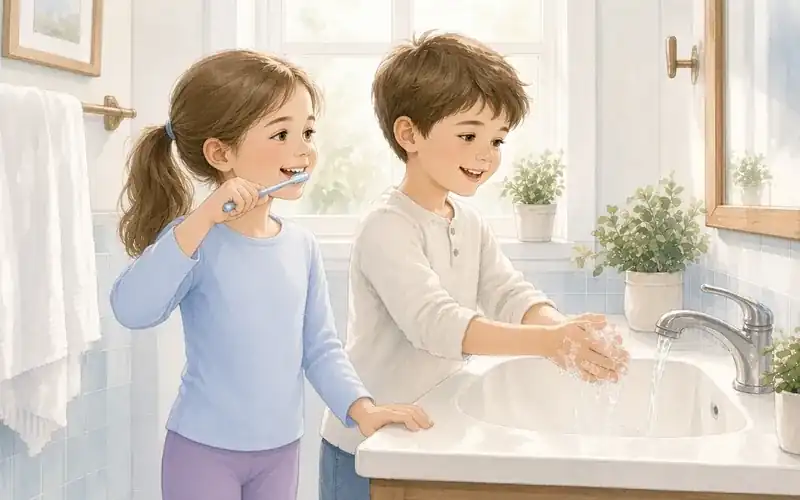 A girl brushing her teeth while a boy washes his hands at a sunny bathroom sink