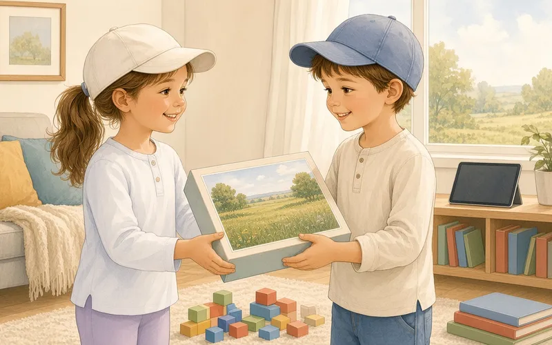 In a sunny living room, a girl and a boy holding a landscape picture puzzle together, with blocks on the rug and a tablet set aside on a shelf