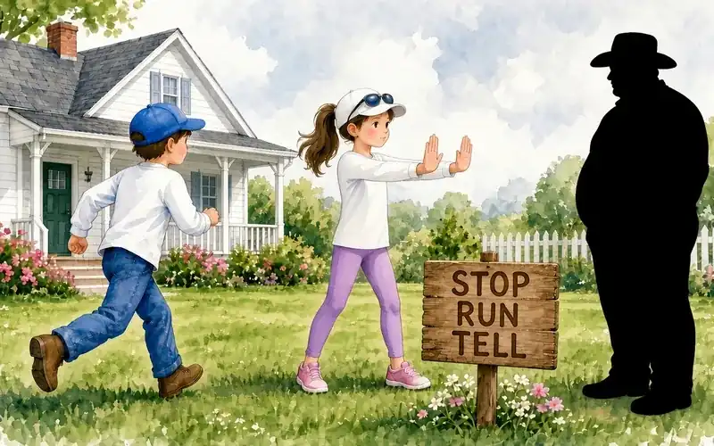 A boy runs toward his house while a girl holds up firm stop hands at a large faceless black shadow stranger, beside a sign reading Stop, Run, Tell.