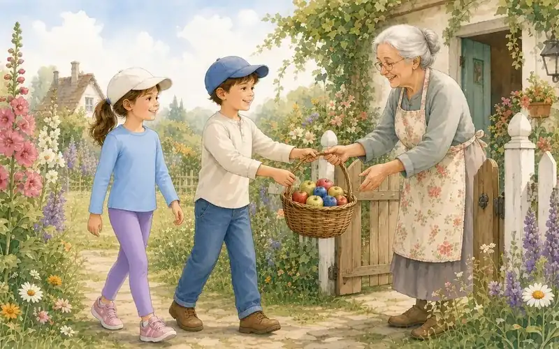 Two kids bringing an apple basket to a smiling elderly neighbor at her garden gate