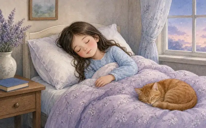A girl sleeping peacefully under a lavender quilt with a ginger cat curled nearby