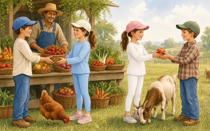 At a sunny farm stand, a boy hands a girl a basket of fresh strawberries while another girl hands a boy a peach, with a farmer, a hen and a goat nearby