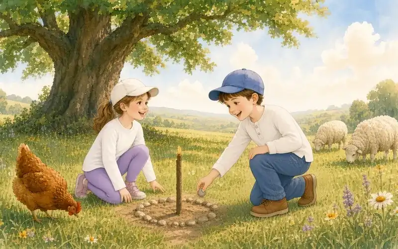 Two kids in caps and long sleeves building a stone sundial under a shade tree in a sunny meadow