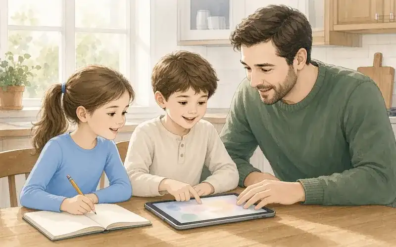 A dad and two kids using a tablet at a kitchen table while the girl writes notes