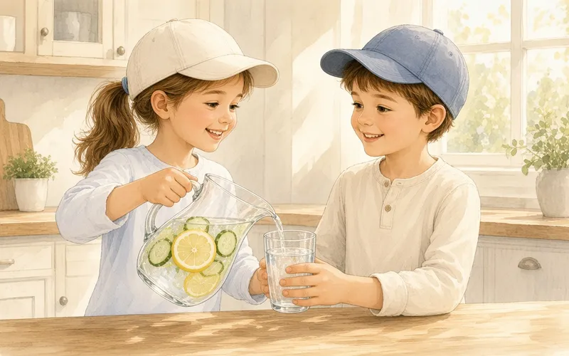 A girl pouring lemon and cucumber water from a glass pitcher into a boy's glass at a sunny kitchen counter