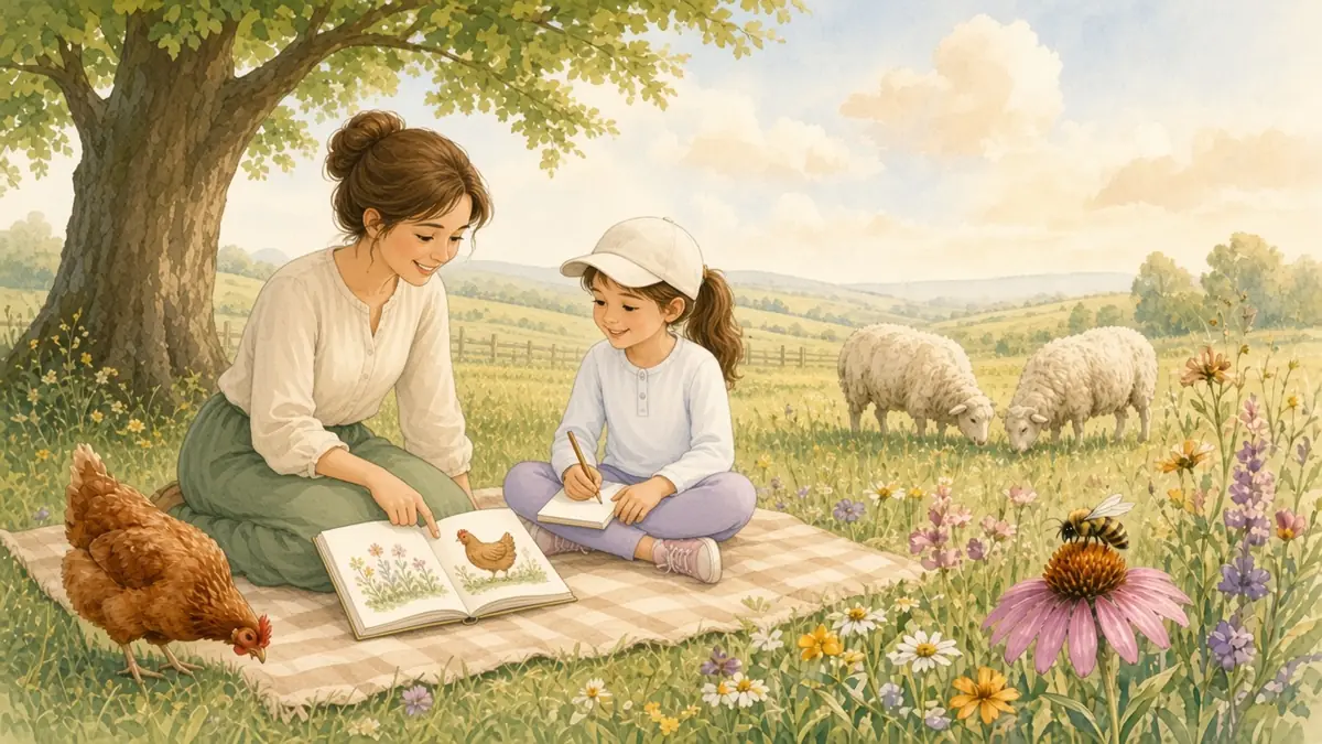 A mother and her daughter under a shade tree in a wildflower meadow, the mother pointing at a picture book while the girl writes in a notebook